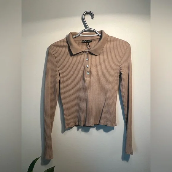Zara Ribbed Long Sleeve Collared Top - Picture 4 of 6